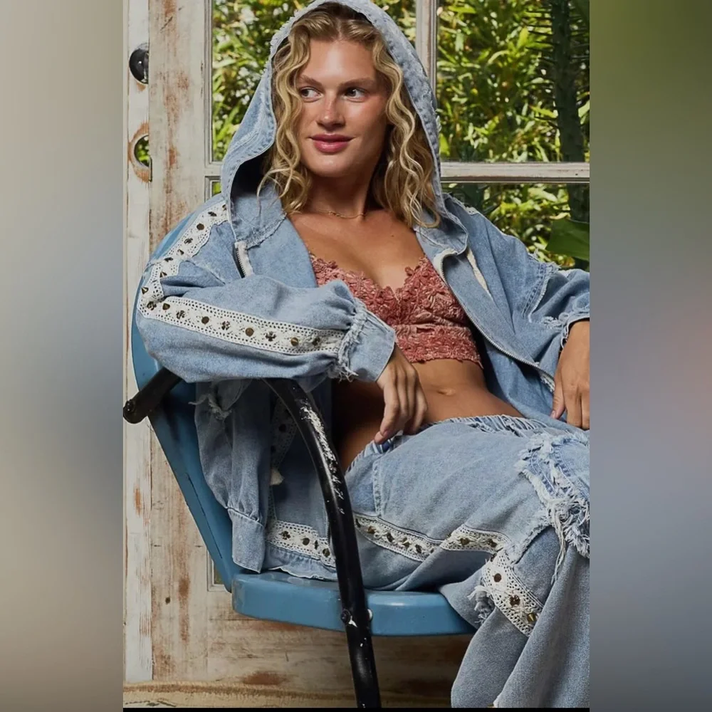 POL Denim Vintage Wash Studded lace embroidered Jogger pants and Jacket Set - Picture 6 of 10